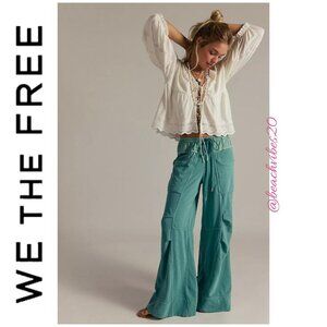 WE THE FREE BY FREE PEOPLE Sky Riser Knit Wide-Leg Pants Blue Trellis Large NWT